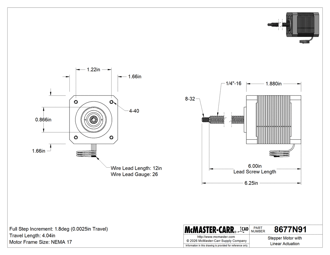 Technical Drawing of Stepper Motor with Linear Actuation, NEMA 17, 0.002500" Travel Distance, 4" Travel Length.